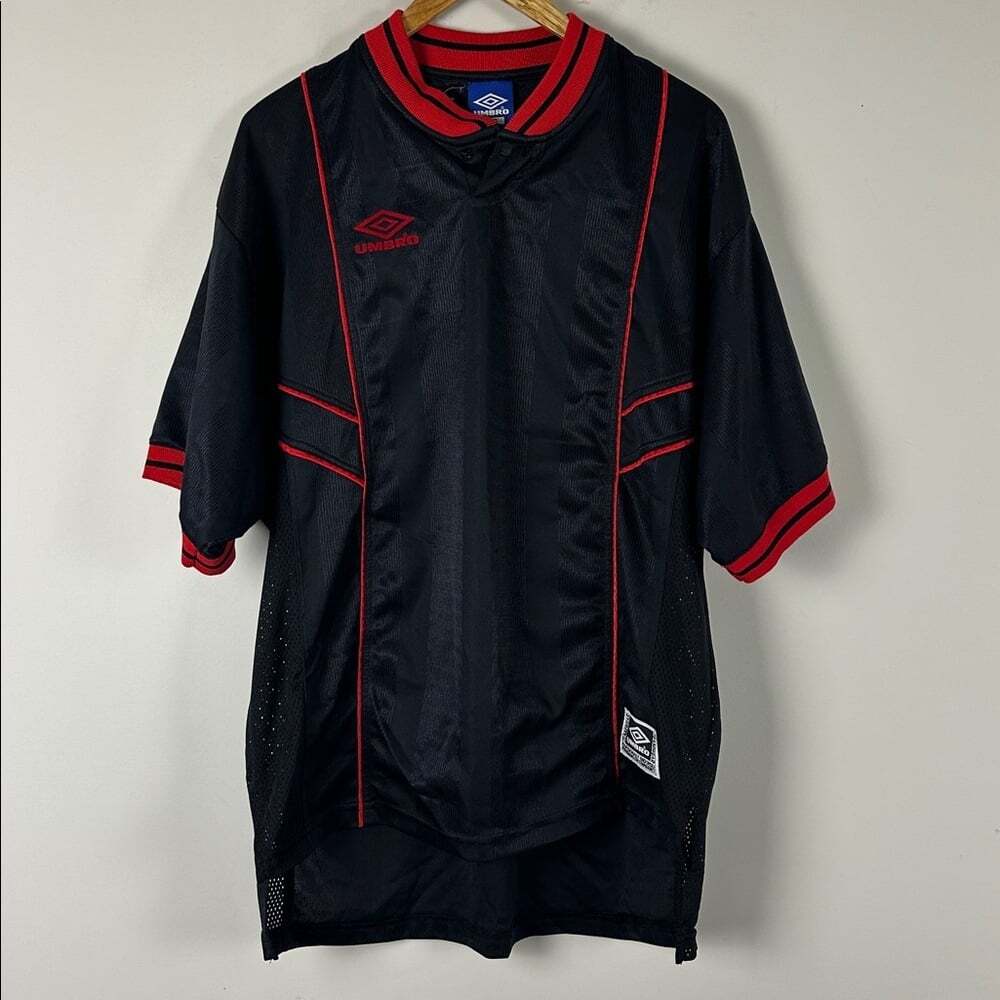 Umbro Vintage 80s Black Soccer Jersey with Red Trim - Size Large